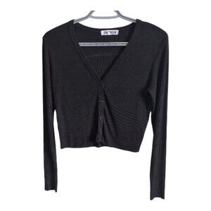 Joah Brown Henley Black Ribbed Raw Edge Long Sleeve Crop Cropped Top Shirt O/S